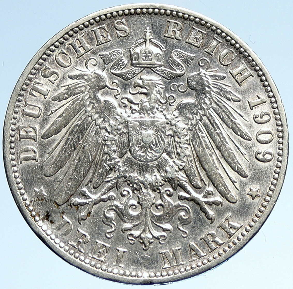 1909 F Germany GERMAN STATES Wurttemberg WILHELM II Silver 3 Mark Coin i107439