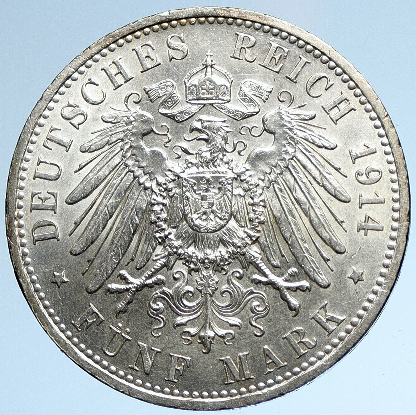 1914 A GERMANY GERMAN STATES PRUSSIA WILHELM II Old Silver 5 Mark Coin i107424