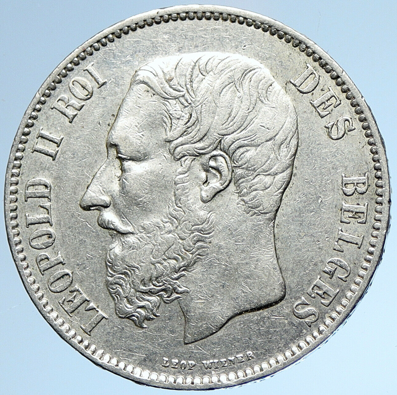 1873 BELGIUM with King LEOPOLD II and LION Antique Silver 5 Francs Coin i107423