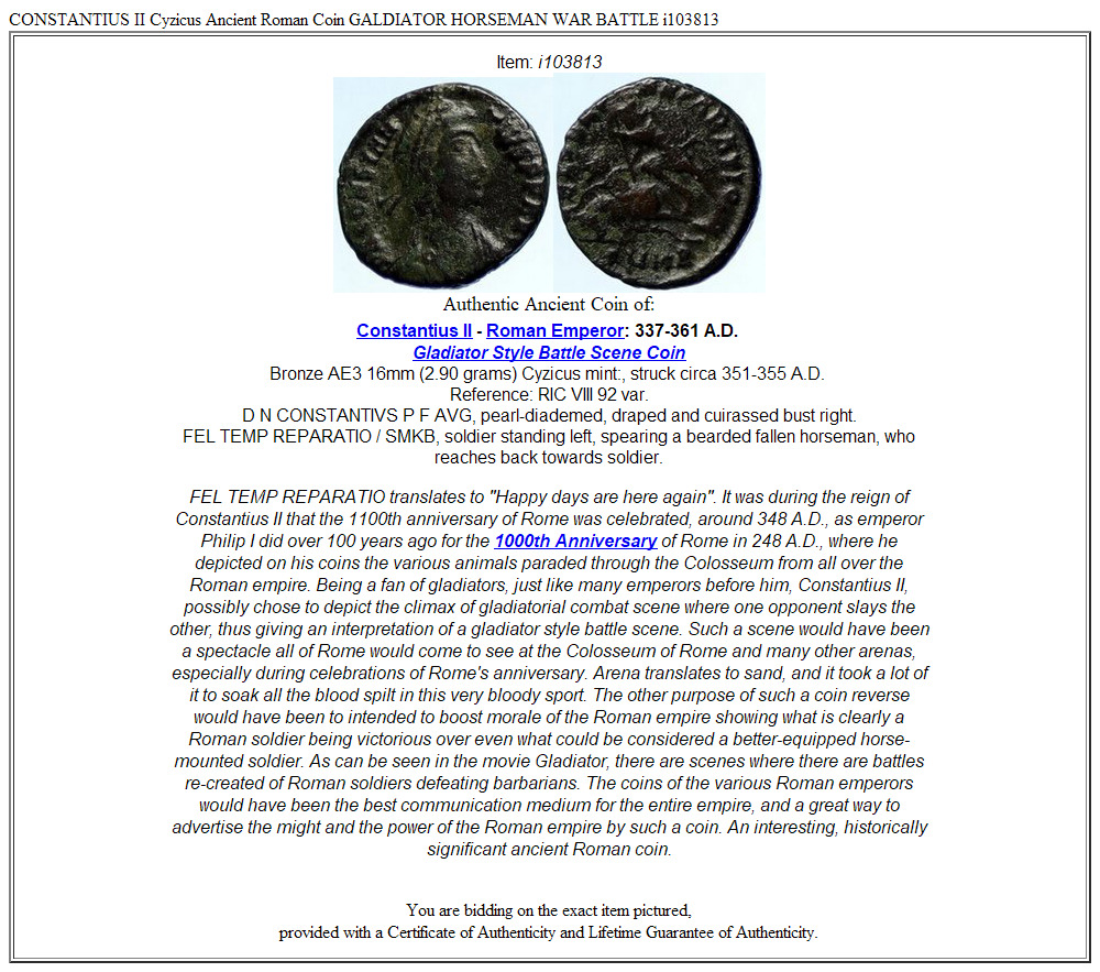 CONSTANTIUS II Cyzicus Ancient Roman Coin GALDIATOR HORSEMAN WAR BATTLE i103813