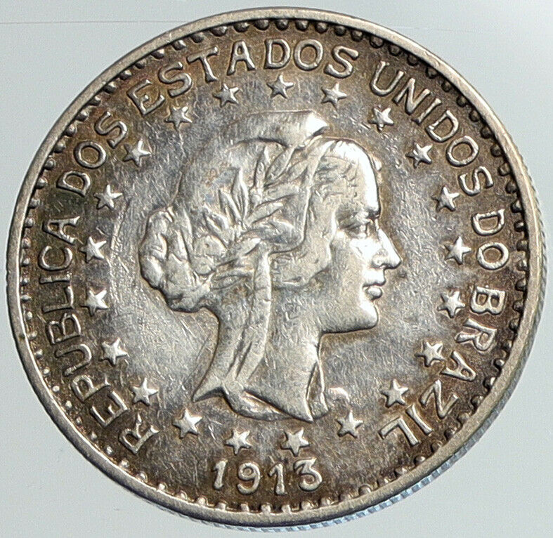 1913 A BRAZIL Stars and LIBERTY Silver Genuine 1000 Reis Brazilian Coin i108001