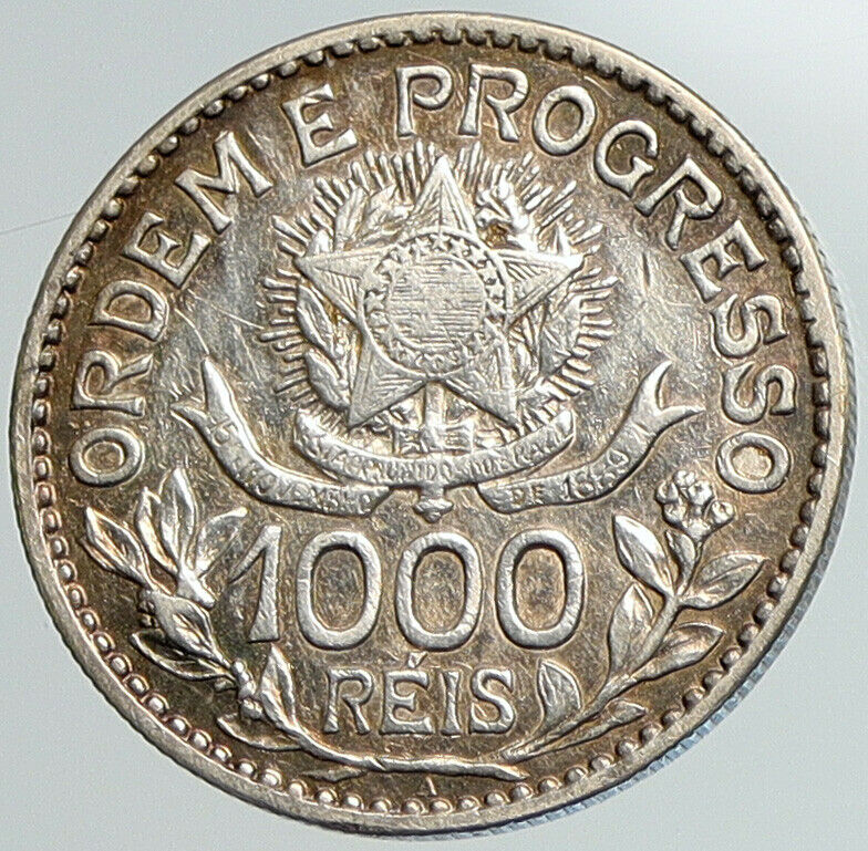 1913 A BRAZIL Stars and LIBERTY Silver Genuine 1000 Reis Brazilian Coin i108001