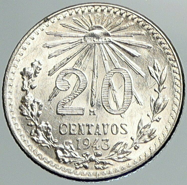 1943 MEXICO Pythagorian Cap of LIBERTY Antique 20 Centavos Silver Coin i108005