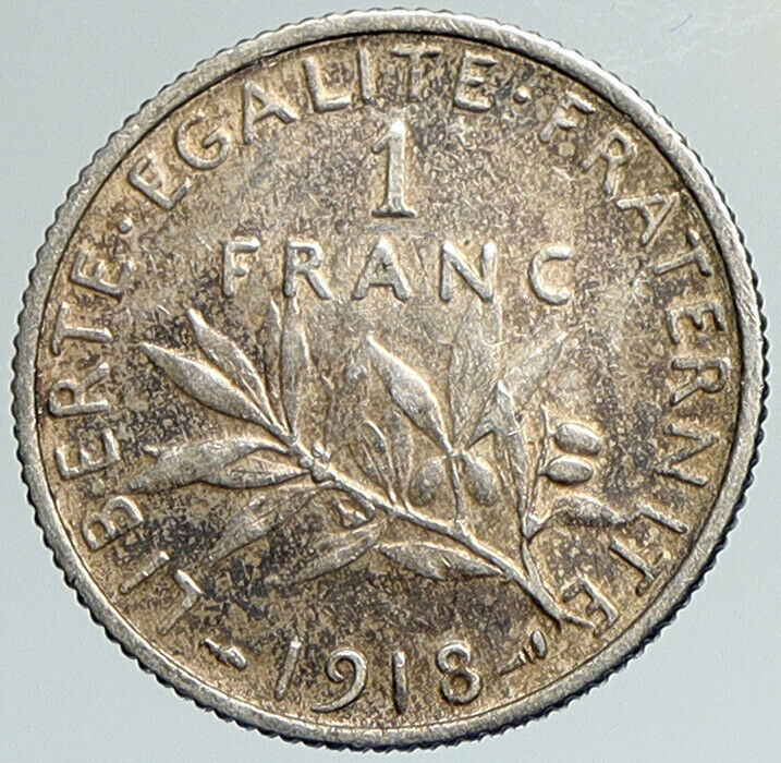 1918 FRANCE La Semeuse Sower Woman ANTIQUE Silver 1 Franc French Coin i108012