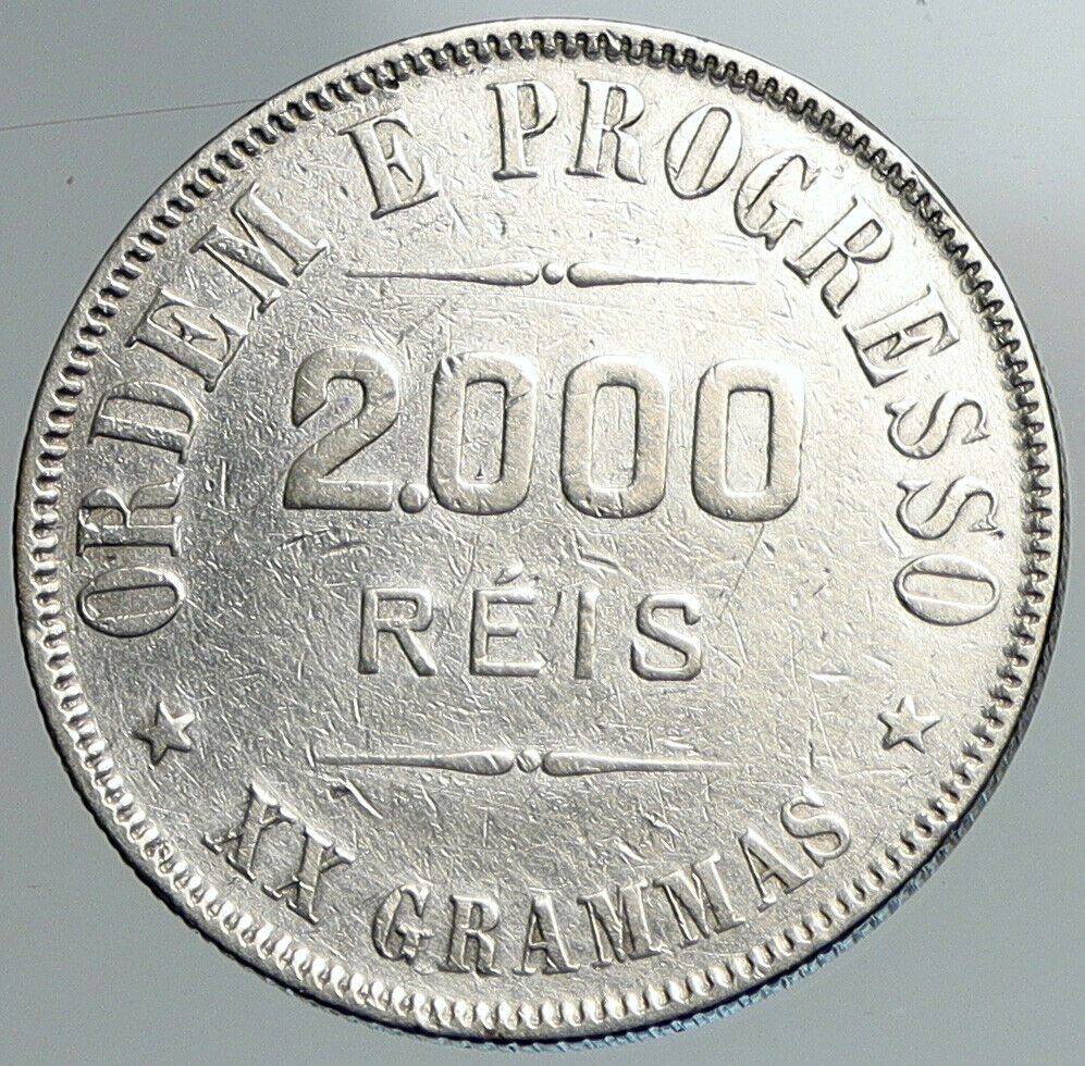 1910 BRAZIL Genuine LIBERTY with CAP Brazilian OLD Silver 2000 Reis Coin i108003
