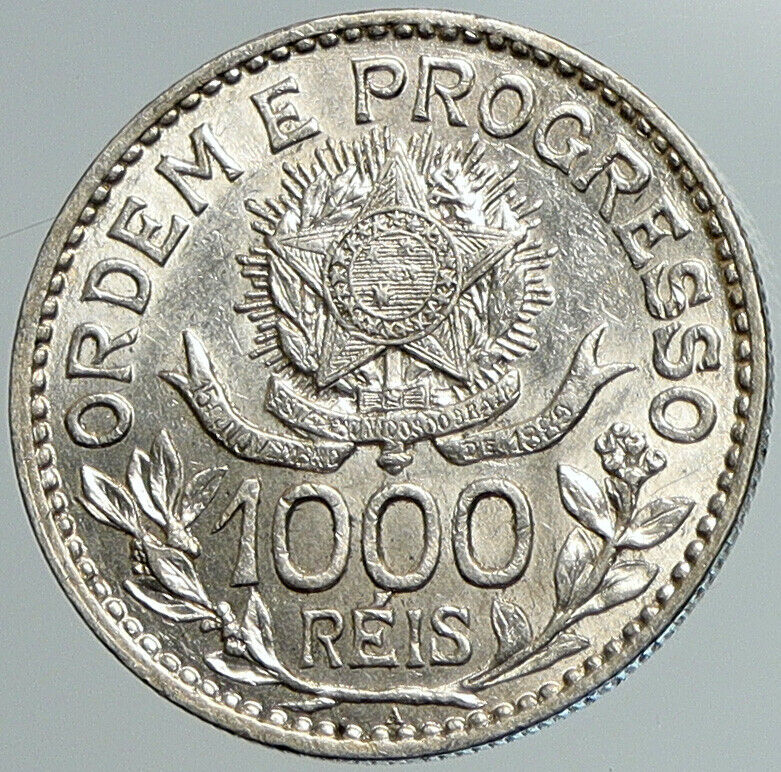 1913 A BRAZIL Stars and LIBERTY Silver Genuine 1000 Reis Brazilian Coin i108000