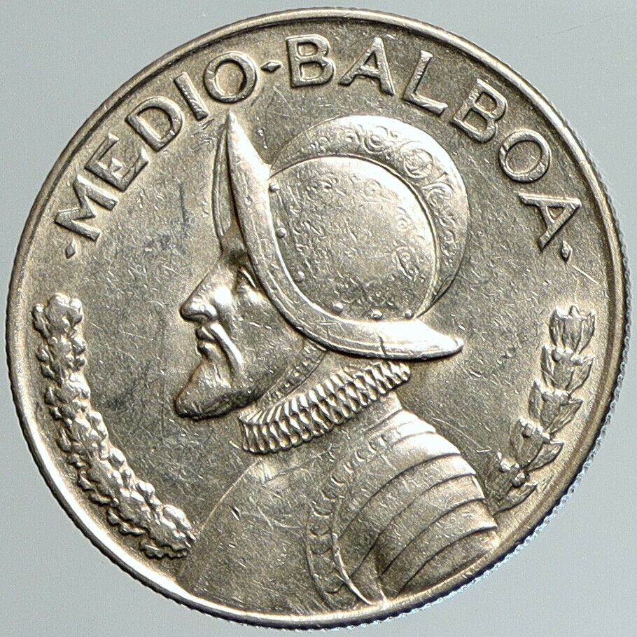 1933 PANAMA Spanish Conquistador Hero OLD Silver 1/2 HALF BALBOA Coin i108008