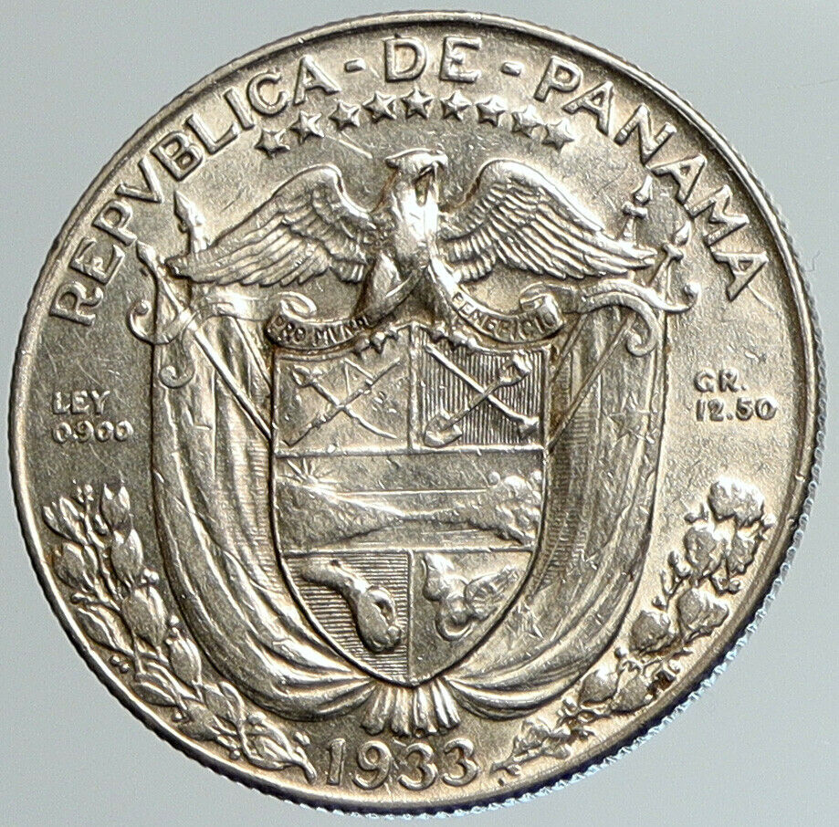 1933 PANAMA Spanish Conquistador Hero OLD Silver 1/2 HALF BALBOA Coin i108008