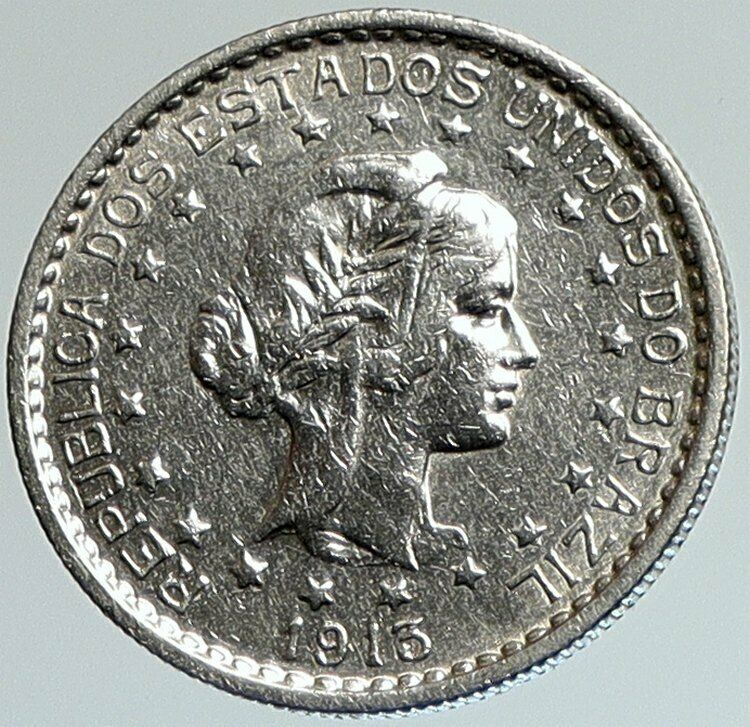 1913 A BRAZIL Brazilian Coat-Of-Arms OLD LIBERTY Silver 500 Reis Coin i108016