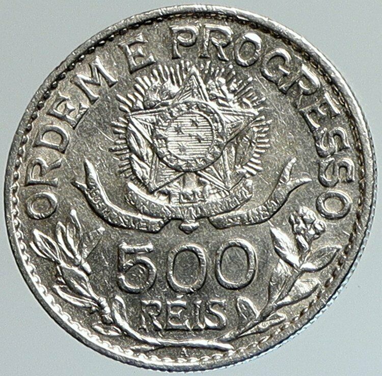 1913 A BRAZIL Brazilian Coat-Of-Arms OLD LIBERTY Silver 500 Reis Coin i108016