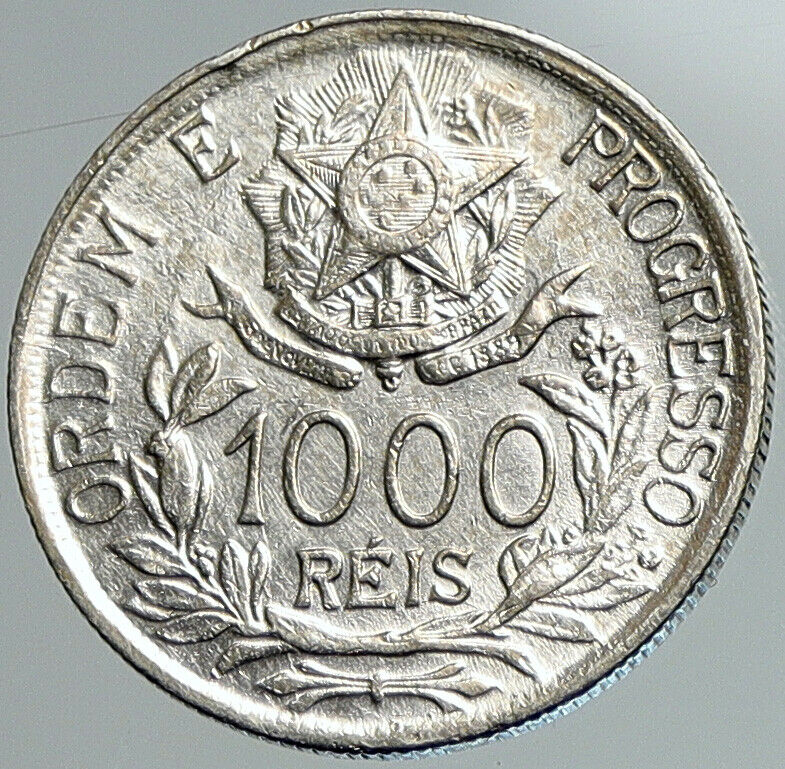 1913 A BRAZIL Stars and LIBERTY Silver Genuine 1000 Reis Brazilian Coin i108002