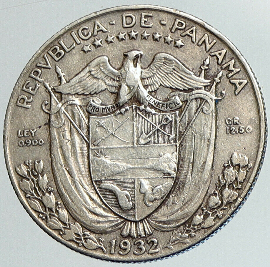 1932 PANAMA Spanish Conquistador Hero OLD Silver 1/2 HALF BALBOA Coin i108010