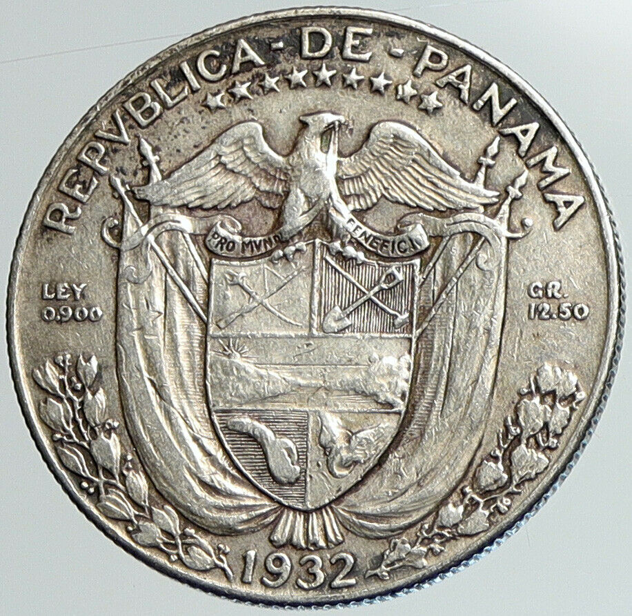 1932 PANAMA Spanish Conquistador Hero OLD Silver 1/2 HALF BALBOA Coin i108011