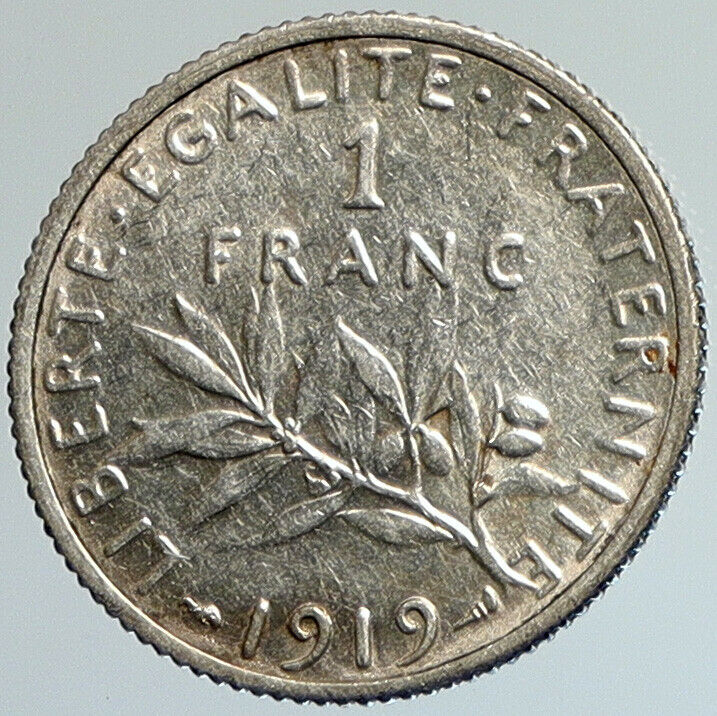 1919 FRANCE w La Semeuse Sower Woman ANTIQUE Silver 1 Franc French Coin i108034