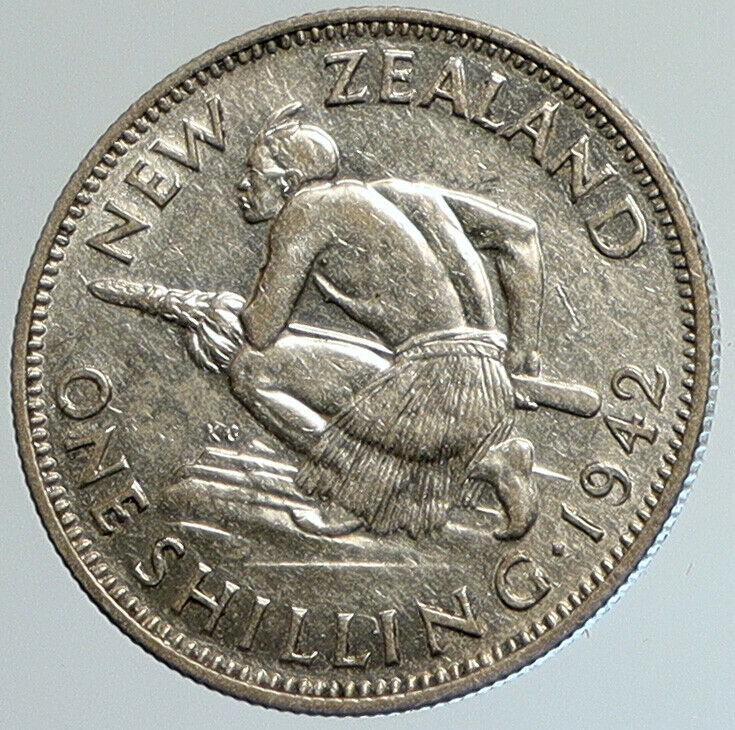 1942 NEW ZEALAND UK GEORGE VI Native Maori Warrior Silver Shilling Coin i108038