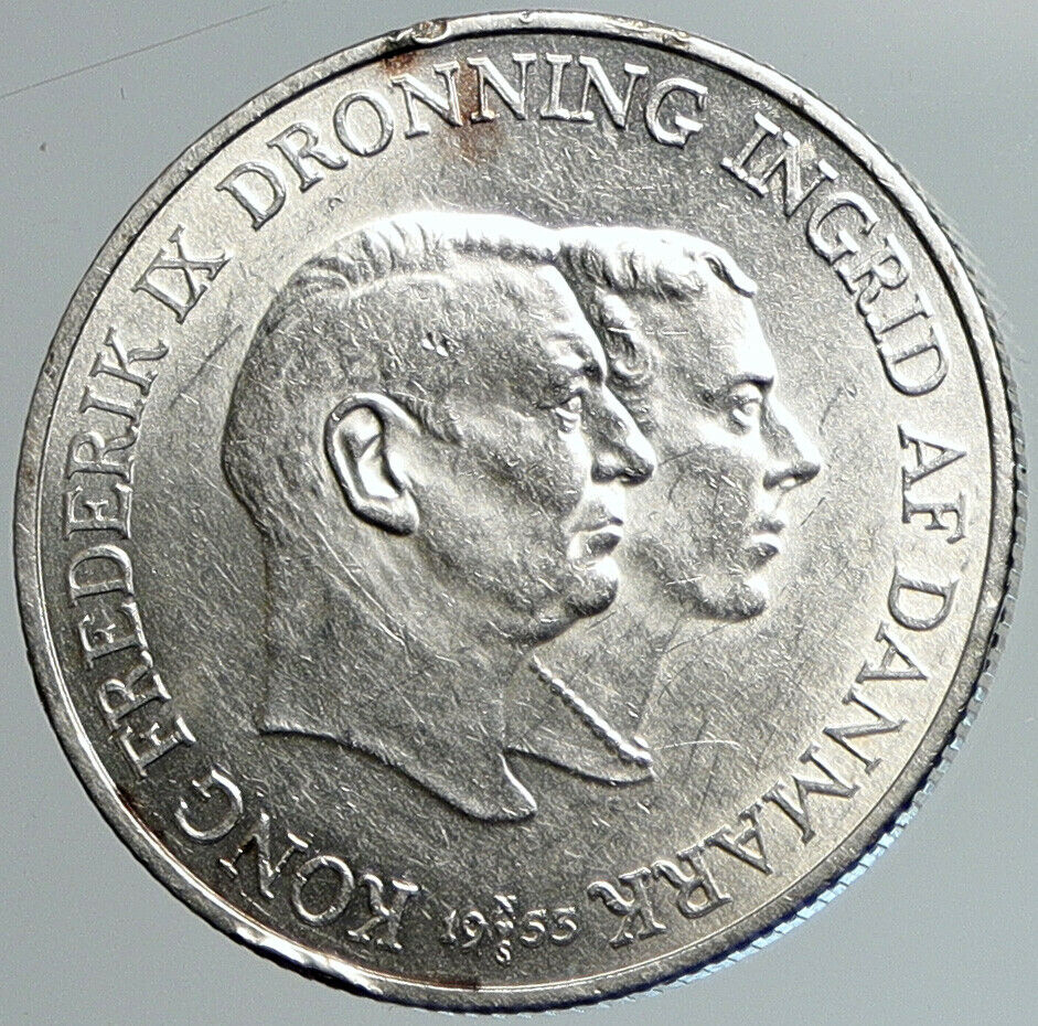 1953 DENMARK King Frederick IX Queen Ingrid Old Silver WEDDING 2Kr Coin i108053