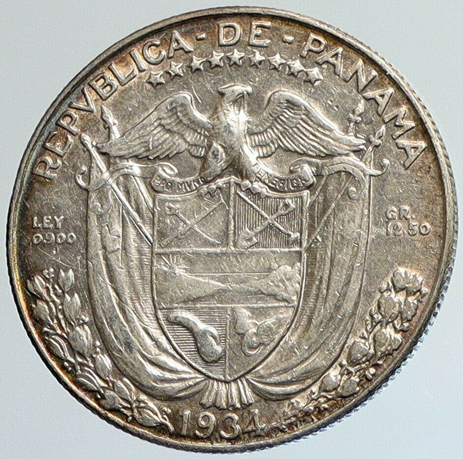 1934 PANAMA Spanish Conquistador Hero VINTAGE Old Silver 1/2 BALBOA Coin i108029