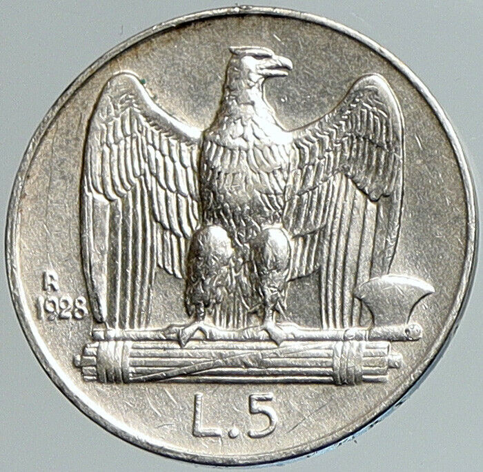 1928R ITALY King Victor Emmanuel III Silver 5 Lire Italian Coin EAGLE i108046