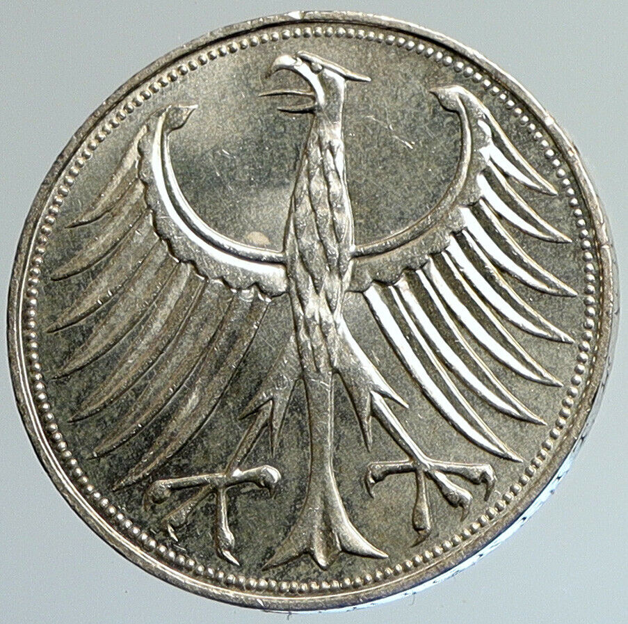 1965 D GERMANY Large 5 Mark Silver Vintage Genuine Eagle OLD German Coin i108037