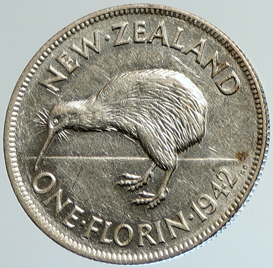 1942 NEW ZEALAND under UK King George VI Silver Florin Coin w KIWI BIRD i108039