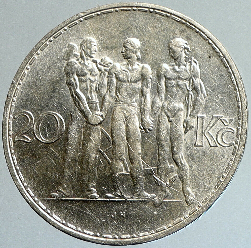 1933 CZECHOSLOVAKIA Industry Agriculture Business Silver 20 Korun Coin i108033