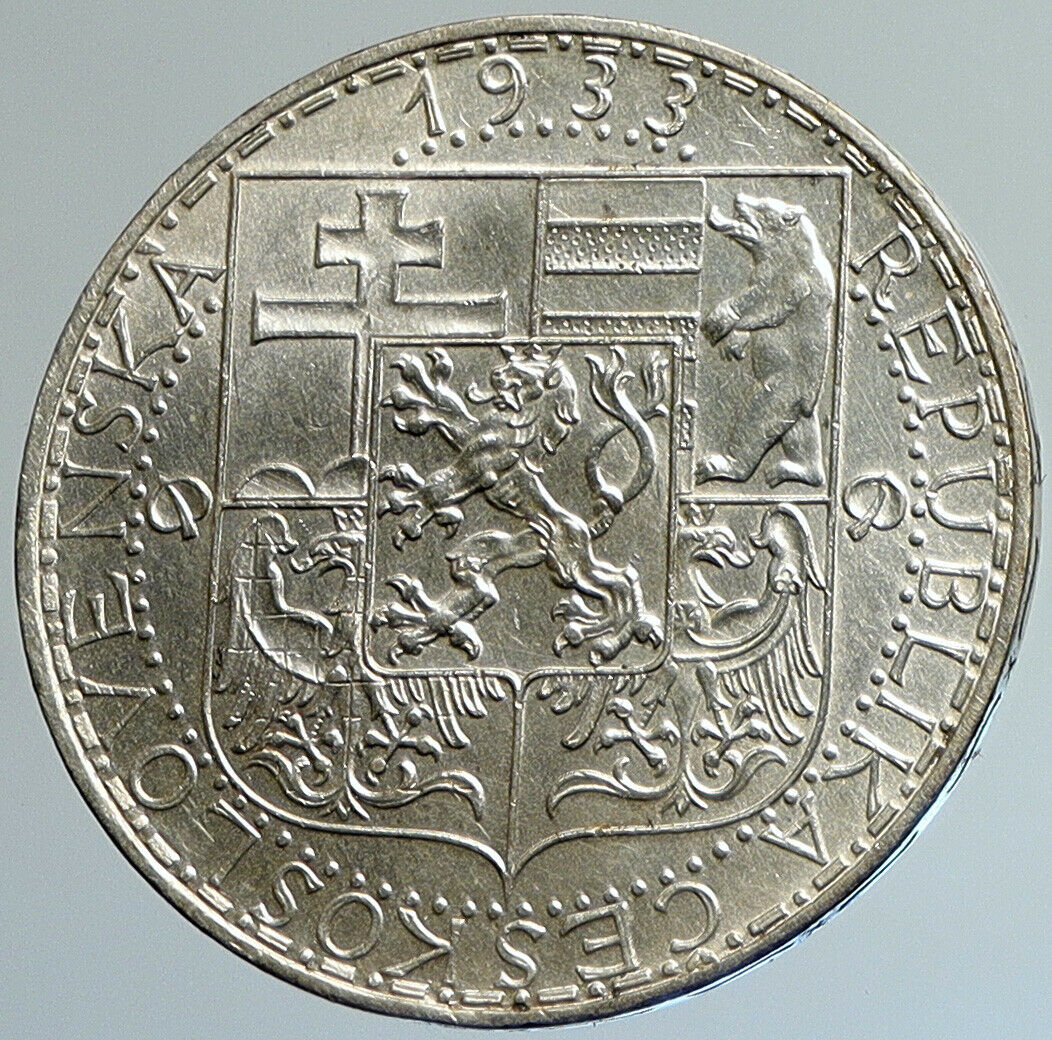 1933 CZECHOSLOVAKIA Industry Agriculture Business Silver 20 Korun Coin i108033