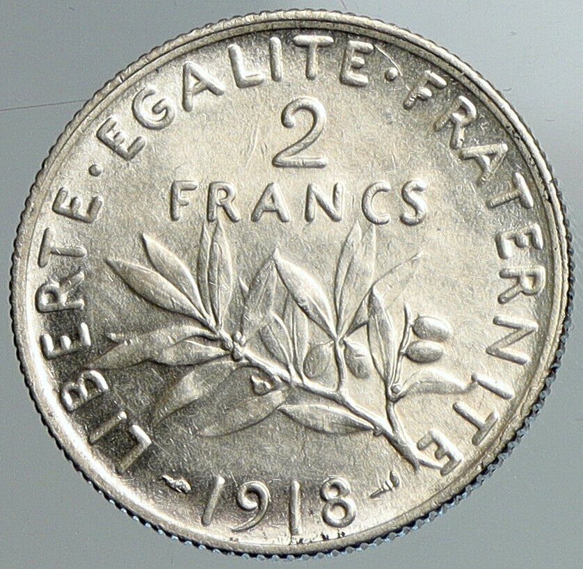 1918 FRANCE w La Semeuse Sower Woman Antique Silver 2 Francs French Coin i108027