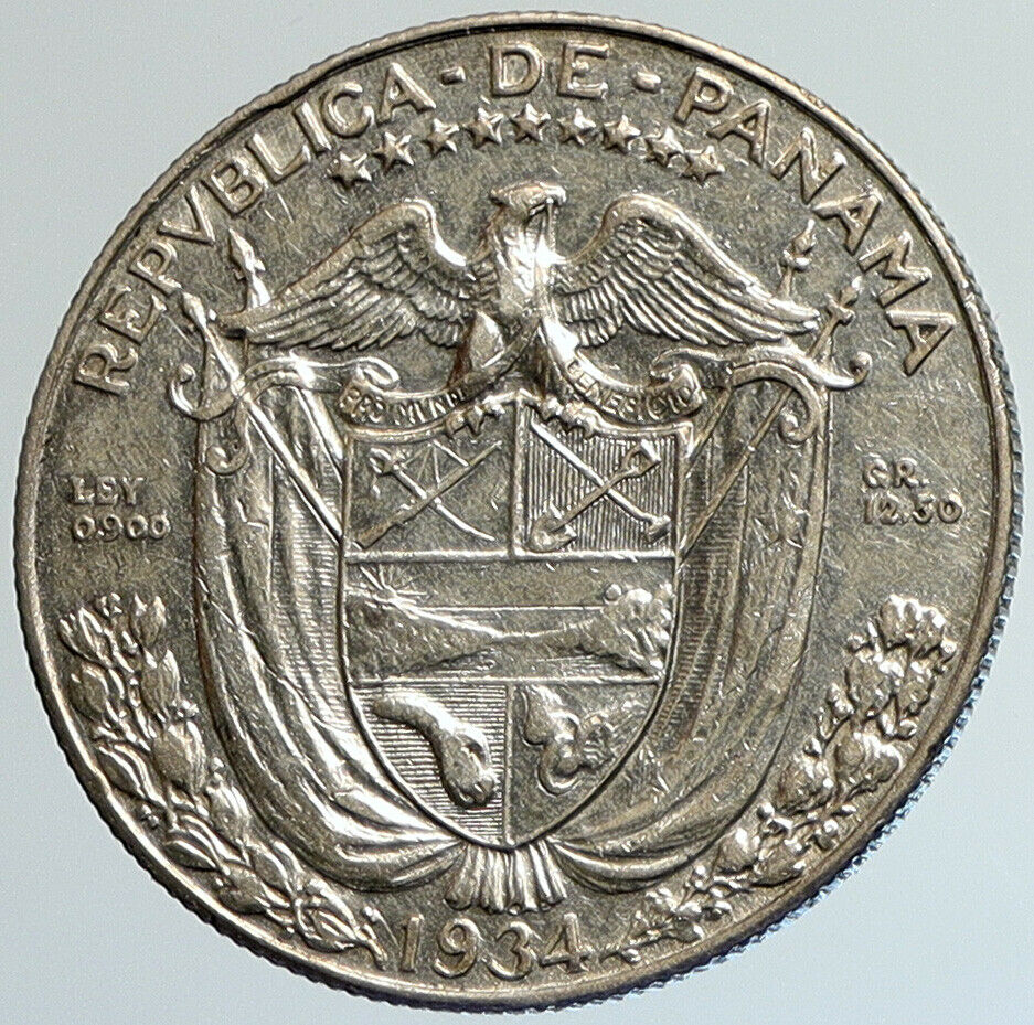 1934 PANAMA Spanish Conquistador Hero VINTAGE Old Silver 1/2 BALBOA Coin i108030