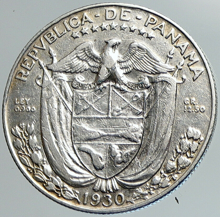 1930 PANAMA Spanish Conquistador Hero ANTIQUE OLD Silver 1/2 BALBOA Coin i108049