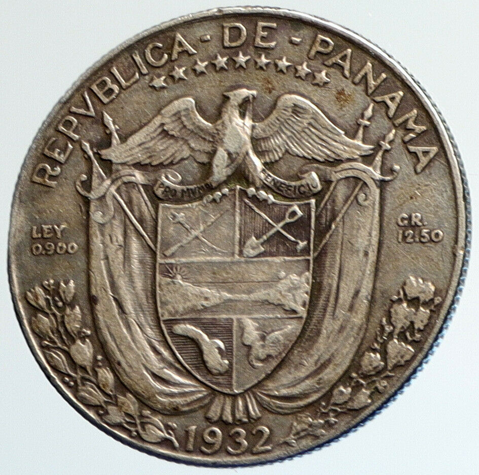 1932 PANAMA Spanish Conquistador Hero OLD Silver 1/2 HALF BALBOA Coin i108032