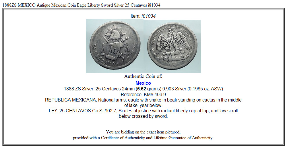 1888ZS MEXICO Antique Mexican Coin Eagle Liberty Sword Silver 25 Centavos i81034