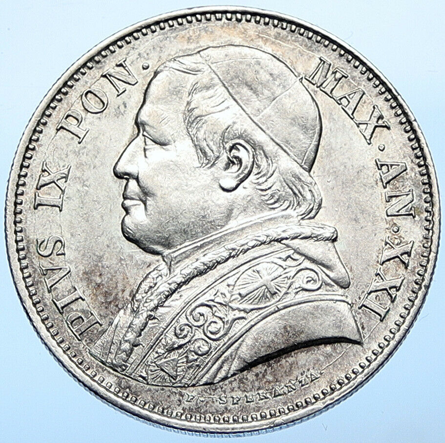 1867 ITALY PAPAL STATES Pope Pius IX Silver 2 1/2 Lire 2.5 ITALIAN Coin i108351