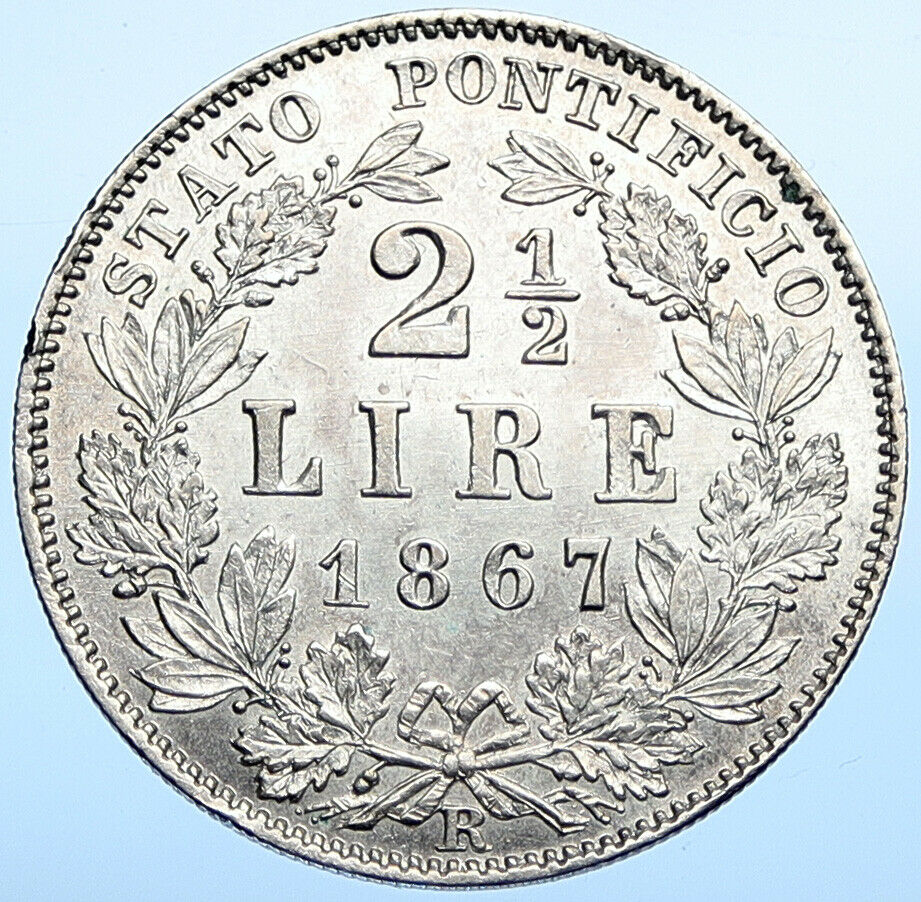 1867 ITALY PAPAL STATES Pope Pius IX Silver 2 1/2 Lire 2.5 ITALIAN Coin i108351