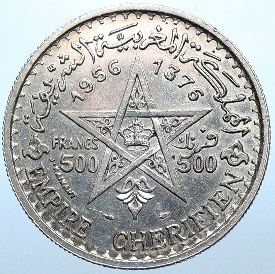 1956 MOROCCO King Mohammed V Crown Star VINTAGE Silver 500 Franc Coin i108353