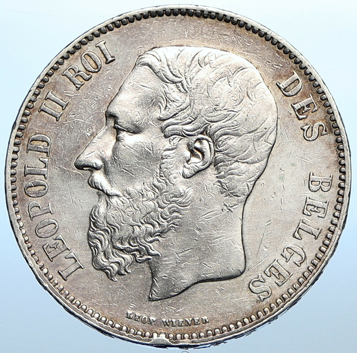1870 BELGIUM with King LEOPOLD II and LION Antique Silver 5 Francs Coin i108358