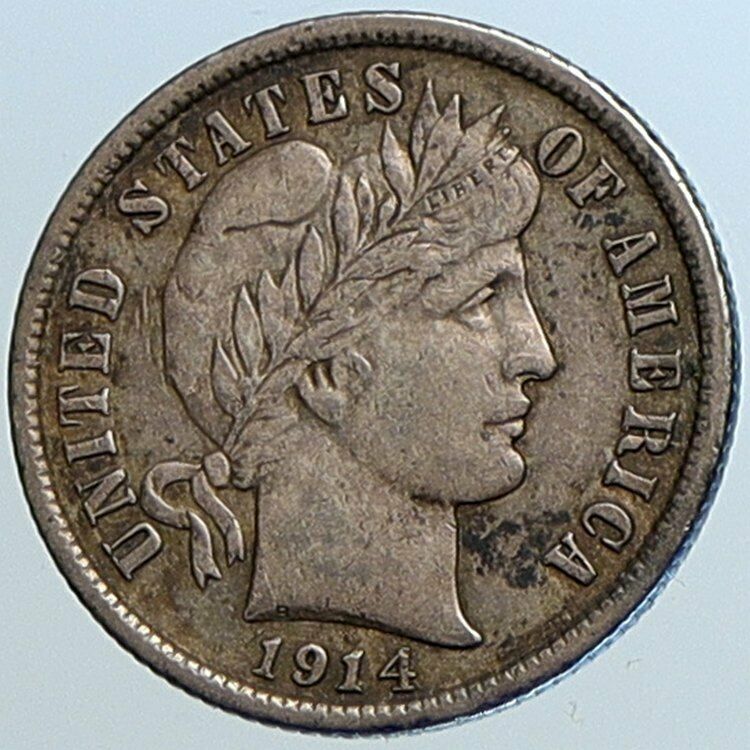 1914 D UNITED STATES US Silver LIBERTY Barber Vintage ANTIQUE DIME Coin i108502