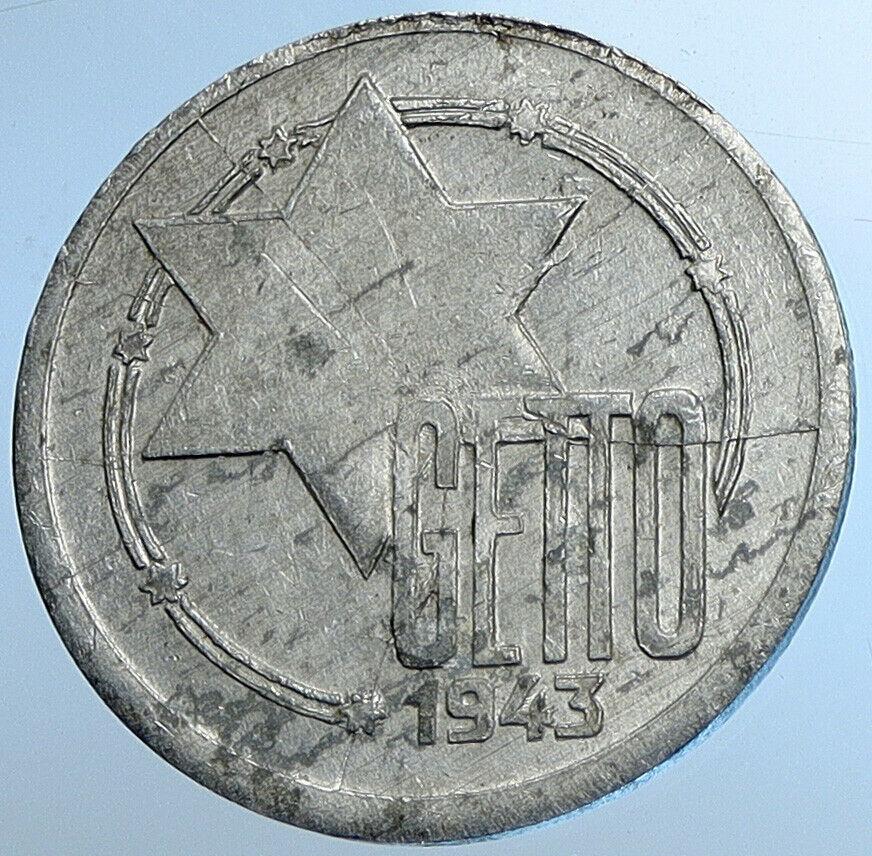 1943 POLAND Lodz Ghetto Polish World War WWII OLD Aluminum 10 Mark Coin i108477