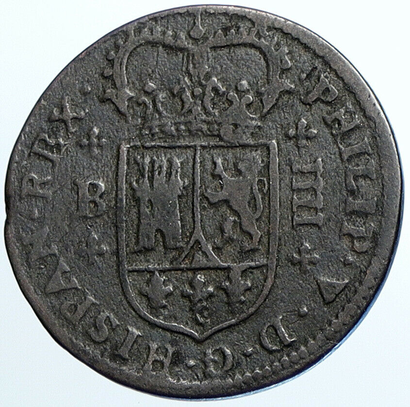 1720 Barcelona SPAIN King FELIPE V Philip Antique OLD 4 Maravedes Coin i108482