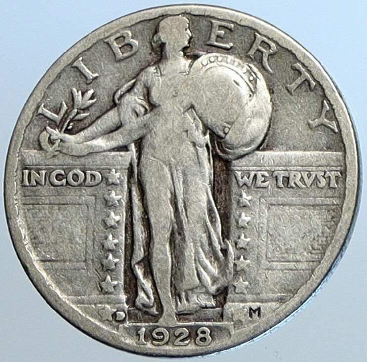 1928 D USA US UNITED STATES Standing Liberty Silver Quarter 25 Cent Coin i108484