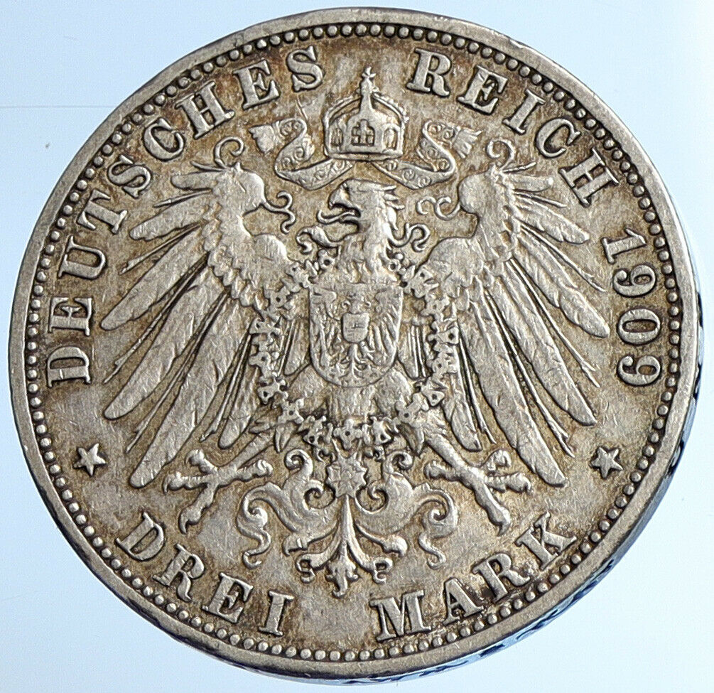 1909 G Baden German State KING FREDERICK II Eagle Old SILVER 3 Mark Coin i108425