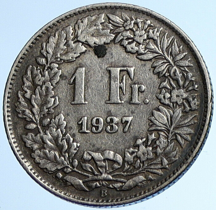 1937 B SWITZERLAND HELVETIA Symbolizes SWISS Nation SILVER 1 Franc Coin i108426