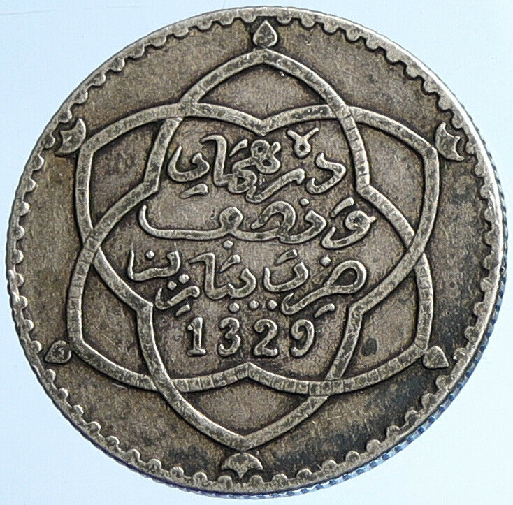 1911 or 1329 AH MOROCCO Abd al-Hafid OLD ANTIQUE Silver 1/4 Rial Coin i108431