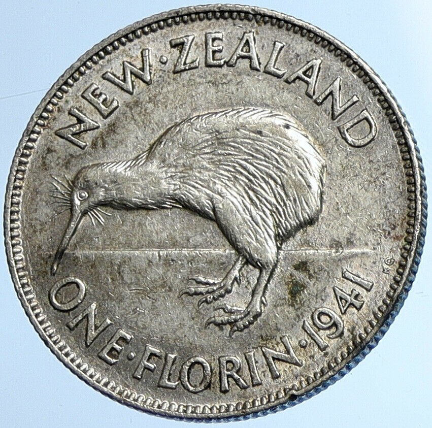 1941 NEW ZEALAND under UK King George VI Silver Florin Coin w KIWI BIRD i108438