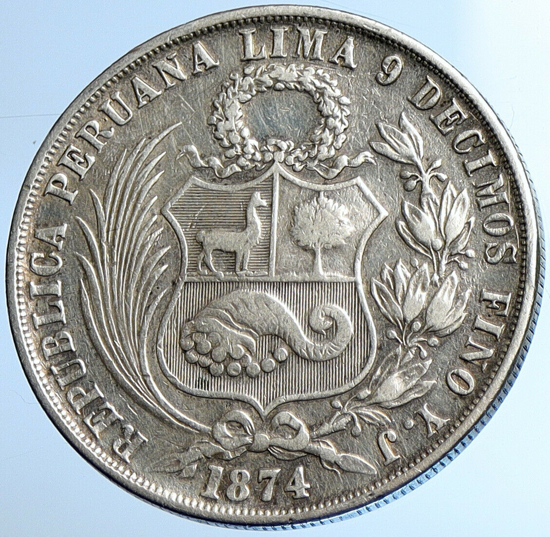 1874 YJ PERU South America 1 SOL Antique Original Silver Peruvian Coin i108416