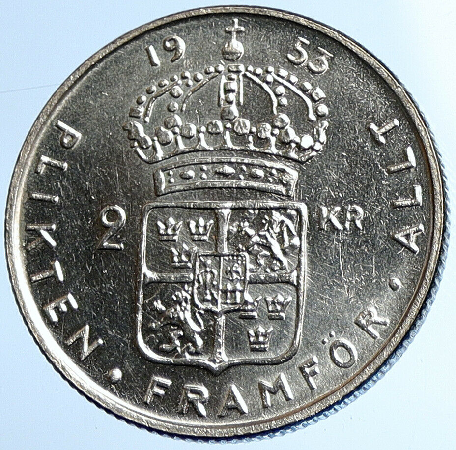 1953 SWEDEN King GUSTAV VI ADOLF 2 Kronor LARGE OLD Silver SWEDISH Coin i108430