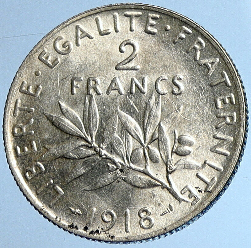 1918 FRANCE w La Semeuse Sower Woman Antique Silver 2 Francs French Coin i108434