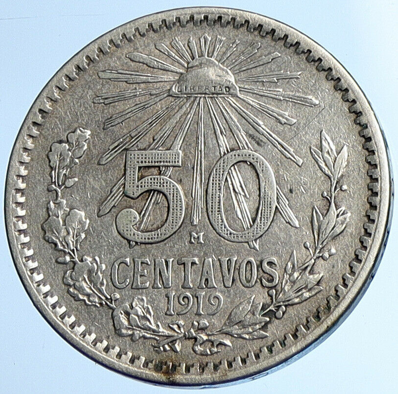 1919 MEXICO City EAGLE CACTUS SERPENT Silver 50 Centavos Mexican Coin i108433