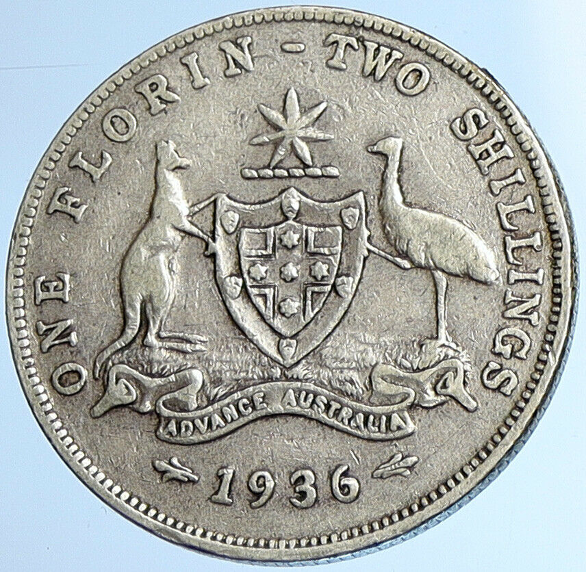 1936 AUSTRALIA UK King George V COAT OF ARMS Vintage Silver Florin Coin i108427