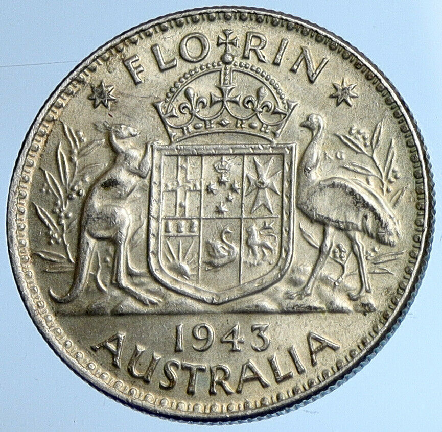 1943 AUSTRALIA Large King George VI Kangaroos OLD Silver Florin Coin i108418