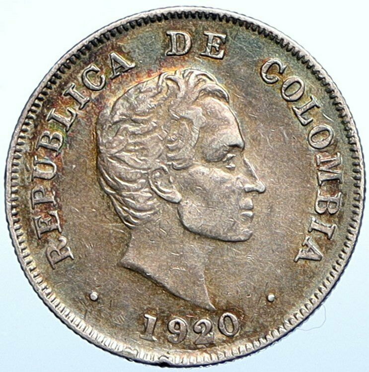 1920 COLUMBIA Simon Bolivar Eagle Shield Genuine Silver 20 Centavos Coin i108401